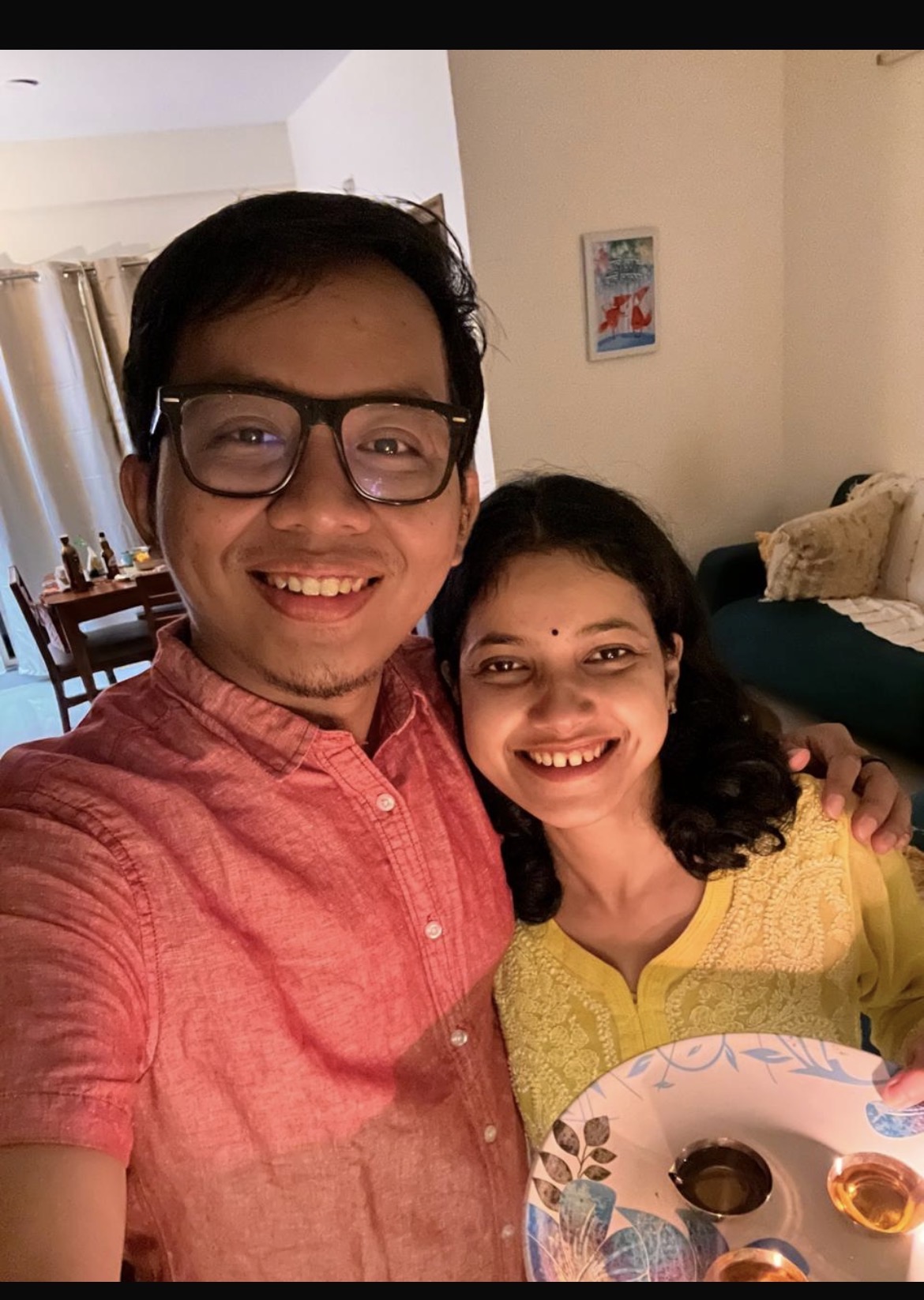 Purnanga and Sudeshna in festive attire